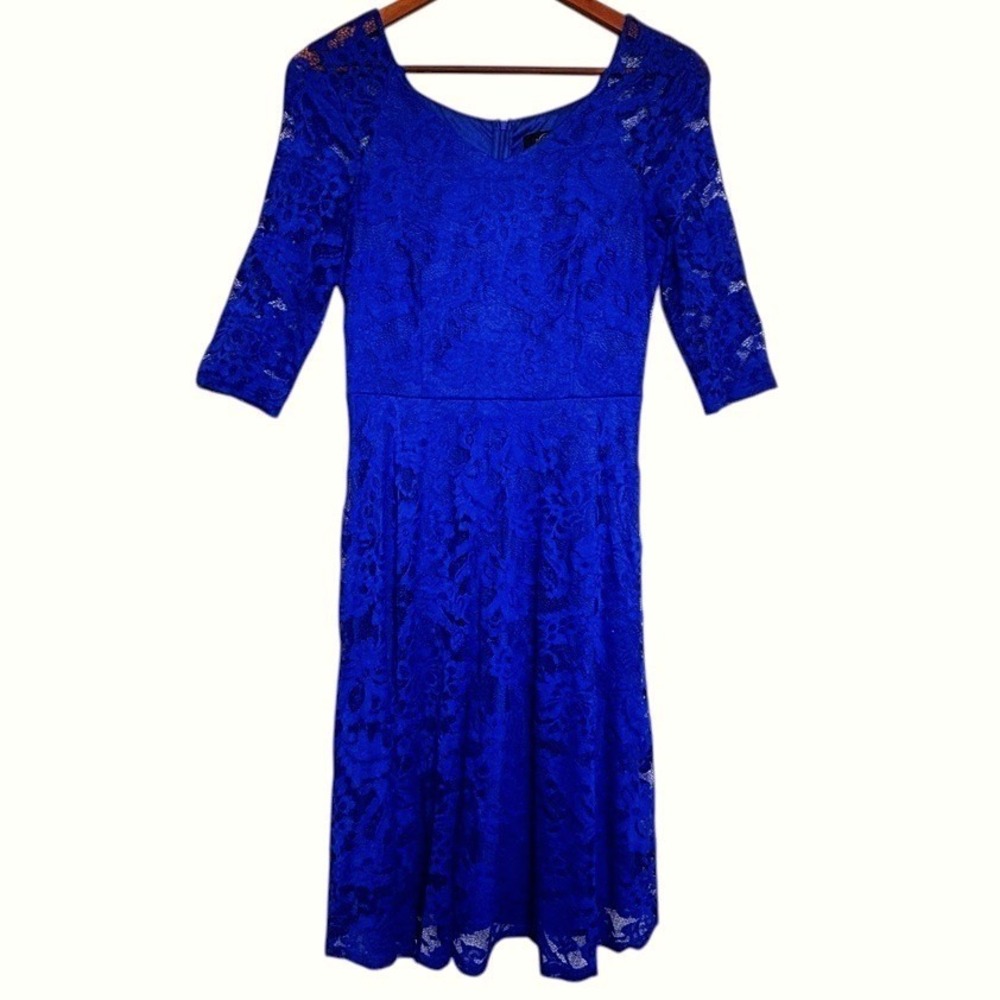 Dressystar Royal Blue Floral Lace A-Line Midi Dress L Elegant Feminine Cocktail